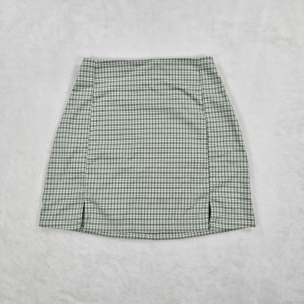John Galt Green Plaid Mini Skirt High Waisted Front Slits MH022 One Size